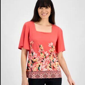 NWT JM Collection: Printed Square-Neck Short-Sleeve Top